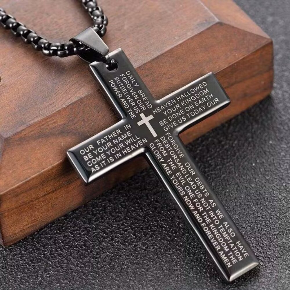 Black Cross Necklace Lord's Prayer Engraved Christian Pendant Faith Jewelry Gift